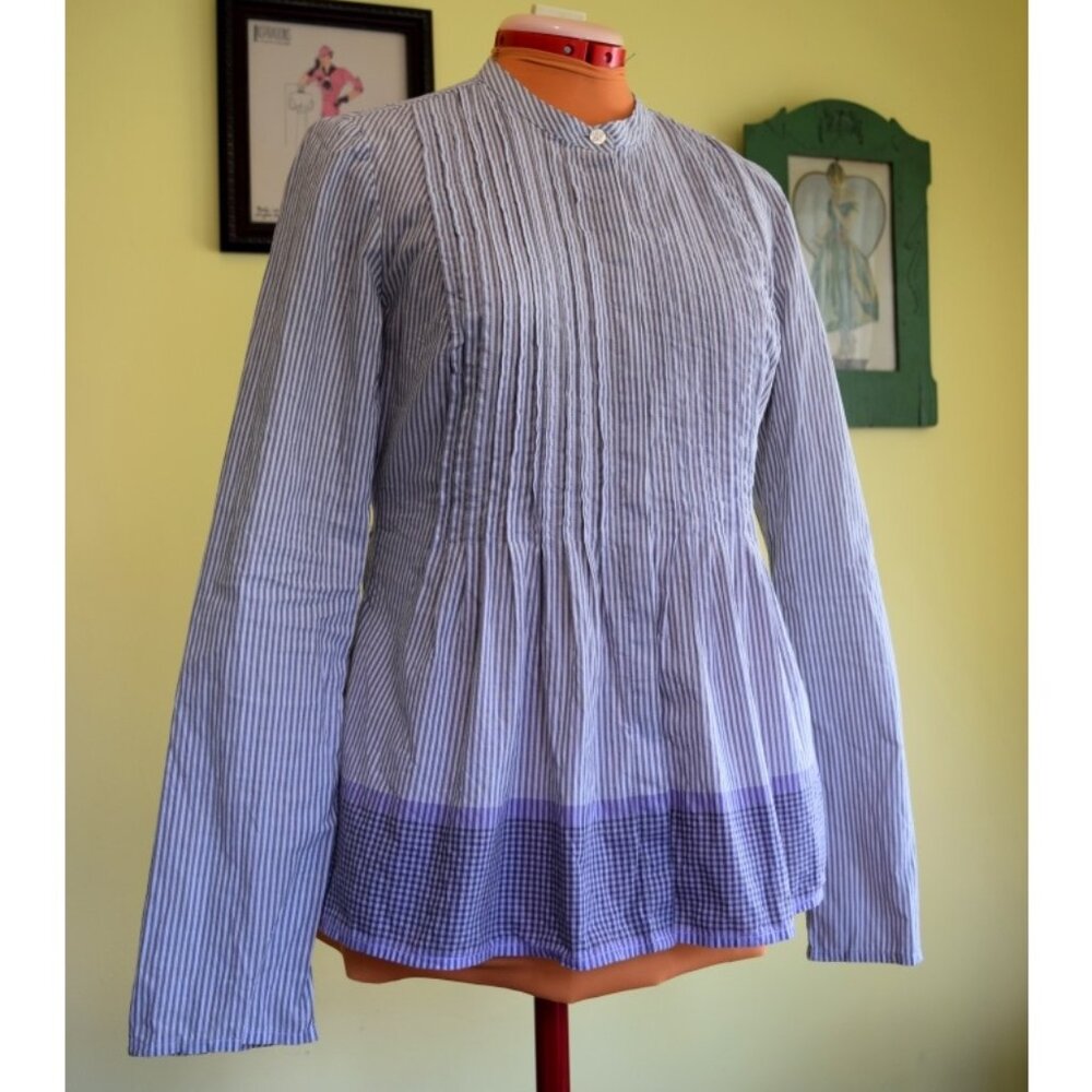 "Coverse One Star" Blouse, Border Print Pleated Cotton, Sz. Small